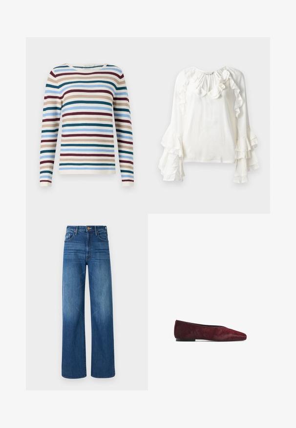 TOM TAILOR NEW OTTOMAN - Maglione - teal-colored; Copenhagen Muse NORMA - Camicetta - jet stream; Mother THE LASSO SNEAK - Jeans baggy - dark blue denim; Ballet flat di un rosso scuro, realizzata in pelle con pelo. Presenta una punta affusolata e una suola nera piatta, mostrando una texture liscia.