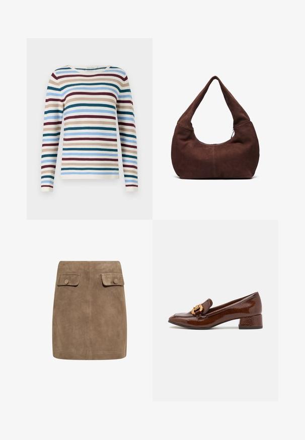 TOM TAILOR NEW OTTOMAN - Trui - teal-colored; Bruine suède mini-jurk met een gladde textuur, voorzien van twee voorflapzakken en knoopsluitingen aan elke kant. Eenvoudig, recht ontwerp.; Bruine leren loafers met een glanzende afwerking, met een decoratieve gouden gesp aan de voorkant en een lage blokhak. Klassiek ontwerp.; Bruin suède hobo tas met een gebogen, brede handgreep en een grote opening. Zachte textuur met zichtbare stiksels langs de randen.