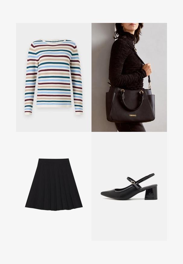 TOM TAILOR NEW OTTOMAN - Neule - teal-colored; Musta taitettu hame, joka on valmistettu teksturoidusta kankaasta ja jossa on tiukka vyötärö. Laskeutuu polveen, ja siinä on suora ja siisti siluetti.; Musta lakattu nahka slingback-korkokengät, joissa on terävä kärki, pyöreä aukko-muotoilu ja lohkokorko. Varustettu kultasävyisellä solkiyksityiskohdalla.; Musta käsilaukku, jossa on teksturoitu pinta, kaksi yläkantta ja säädettävä olkahihna. Varustettu kultasävyisillä varusteilla ja sivutaskuilla.