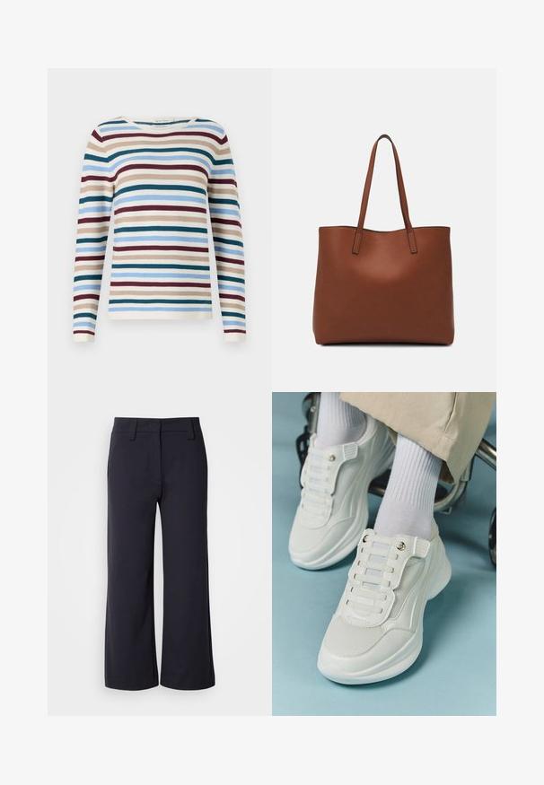 TOM TAILOR NEW OTTOMAN - Maglione - teal-colored; Pantaloni a gamba larga di tessuto blu navy scuro. Presentano una parte anteriore piatta, passanti per cintura e tasche laterali. Il materiale è morbido con una leggera elasticità.; Sneaker bianchi realizzati in materiale a rete, suola in gomma, design senza lacci con bande elastiche e dettagli in tonalità oro.; Borsa tote in pelle marrone con texture liscia, design con apertura superiore e due spallacci. Presenta cuciture minime e nessun hardware visibile.
