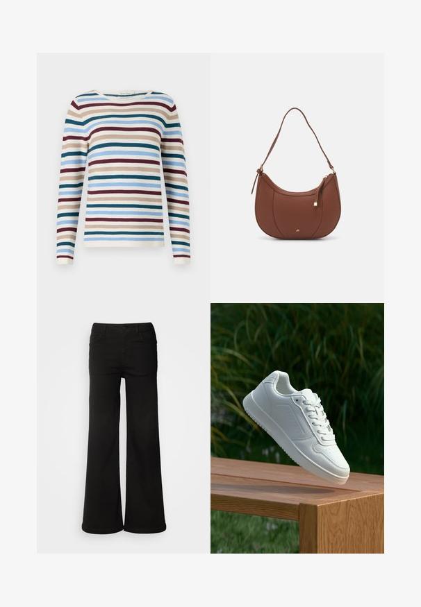 TOM TAILOR NEW OTTOMAN - Džemperis - teal-colored; Melni plašie svārki izgatavoti no denima auduma, ar priekšējiem kabatām, pogu aizdari un gludu tekstūru ar tīru apdari.; Baltie sporta apavi ar gludu sintētisku augšpusi, perforētu pirkstu daļu, plakani šņorēm un rakstainu zoli, novietoti uz koka virsmas.; Brūns mākslīgās ādas pleca soma ar izliekta forma, minimāls šuvums un zelta toņa aparatūras akcenti. Aprīkota ar augšējo rāvējslēdzēju un regulējamu siksnu.