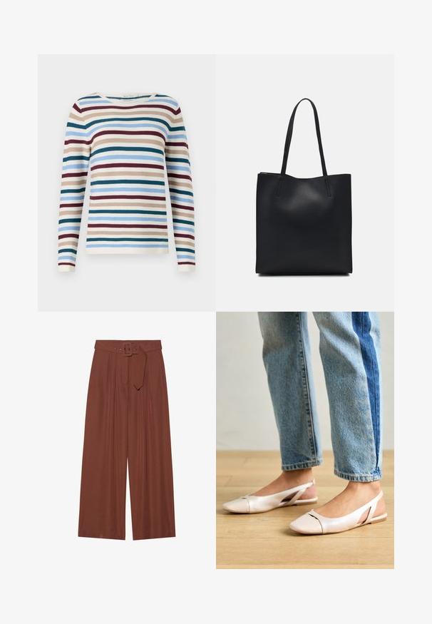 TOM TAILOR NEW OTTOMAN - Camisola - teal-colored; Calças de perna larga em tecido castanho, com um cinto de fivela quadrada, design pregueado e textura suave.; Sapatilhas slingback de cor rosa pálido com bico fino, feitas de um material semelhante a couro liso. Apresentam detalhes recortados nas laterais e um salto plano.; Bolsa tote preta em couro com textura lisa, forma retangular e duas alças longas. Sem hardware ou enfeites visíveis.