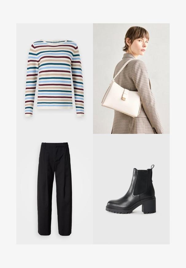 TOM TAILOR NEW OTTOMAN - Jumper - teal-colored; Black trousers with a relaxed fit, pleated front, and belt loops. Smooth fabric and straight legs, featuring side pockets.; Black leather ankle boot with a chunky heel, elastic side panels, and a pull tab at the back. Textured sole for added grip.; White leather handbag with a structured design, featuring a magnetic clasp and a shoulder strap, showcased against a neutral background.