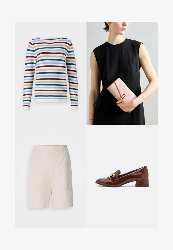 TOM TAILOR NEW OTTOMAN - Strickpullover - teal-colored; Cremfarbene Shorts mit lockerem Sitz, flacher Vorderseite, elastischem Bund und dezenten Nähten an den Seiten.; Braune Lederloafers mit glänzender Oberfläche, ausgestattet mit einer dekorativen goldenen Schnalle an der Vorderseite und einem niedrigen Blockabsatz. Klassisches Design.; Helle rosa geflochtene Geldbörse mit einer strukturierten Oberfläche, ausgestattet mit einem goldenen Verschluss. Von einer Person in einem schwarzen ärmellosen Kleid gehalten. Einfaches Design.