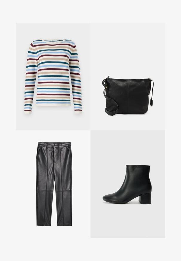 TOM TAILOR NEW OTTOMAN - Džemper - teal-colored; Mustad nahkpüksid sileda tekstuuriga, sirge lõikega, kahe eesmine taskuga ja nähtavate õmblusteta.; Mustad nahast pahkluu saapad terava varbaga ja jämeda kandaga. Sile tekstuur minimaalse aktsentidega ja stiilne, lihvitud disain.; Must värvi nahast ristiõlakott, millel on lame kuju, kuldne metallist detailide aktsent ja reguleeritav rihm. Sile tekstuur väheste õmblusdetailidega.