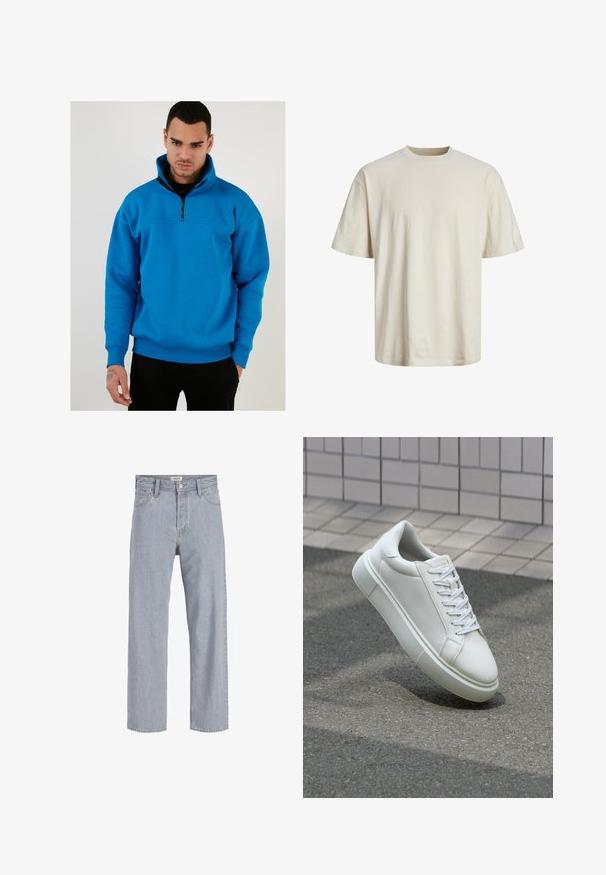 Sudadera de forro polar azul con cuello de media cremallera, mangas largas y puños acanalados. Presenta una textura suave y un diseño de corte relajado.; Camiseta de algodón de cuello redondo en color blanco roto, con mangas cortas, corte relajado y una textura suave y ligera.; Jeans de mezclilla azul claro con un ajuste holgado, diseño de pierna recta, costuras visibles, dos bolsillos frontales y cierre de botón.; Zapatilla de cuero blanca con una superficie lisa, punta redonda y cordones blancos planos. Presenta una suela de goma texturizada y elementos de diseño mínimos.