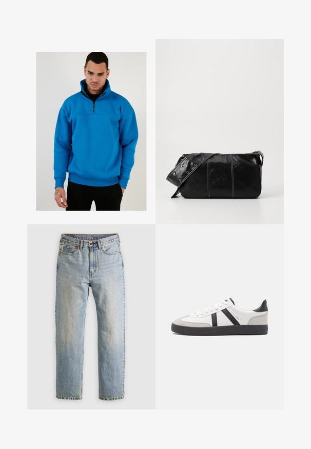 Blå fleece-pullover med halv dragkedja, långa ärmar och ribbade cuffs. Har en slät textur och en avslappnad passform.; Ljusblå denimjeans med hög midja, framknäppning, dragkedja och femficksdesign, placerade platt på en neutral bakgrund.; Vit sneaker med svarta och grå accenter, med en strukturerad grå tådel, svart gummisul, och platta vita skosnören. Ren design, minimalistisk stil.; Svart läder axelväska med dragkedjestängning, som har en texturerad yta, vit sömnad och ett bälte med silveröglor.