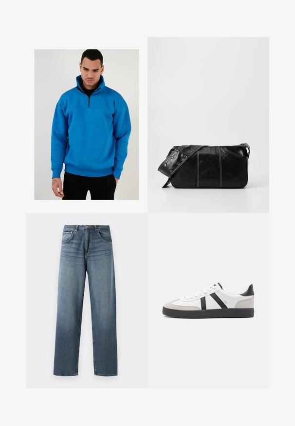 Plavi flis pulover s polu-zip ovratnikom, dugim rukavima i rebrastim manžetama. Ima glatku teksturu i dizajn opuštenog kroja.; Ravne plave traperice s izblijedjelim pranjem, s pet džepova, metalnim gumbom i petljama za remen. Strukturalna, srednje teška tkanina.; Bijele tenisice s crnim i sivim detaljima, s teksturiranim sivim zaštitnikom prstiju, crnim gumene potplate i ravnim bijelim vezicama. Čist dizajn, minimalistički stil.; Crna kožna torba preko ramena s zatvaranjem na patentni zatvarač, s teksturiranim tijelom, bijelim šavovima i remenom sa srebrnim okovima.