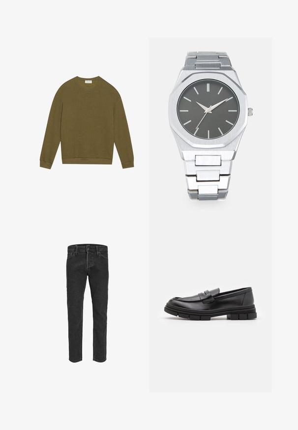 Olīvzaļš garām piedurknēm svīteris ar teksturētu herringbone rakstu, apaļu kakla izgriezumu un ribotu apkakli un apakšu. Vienkārša, brīva piegrieze.; Melni džinsi ar taisnu kāju dizainu, pieci kabatas un jostas cilpas, ar nedaudz izbalējušu tekstūru un kontrastējošiem šuvumiem.; Melni ādas loafers ar gludu apdari, ar priekšējo siksniņu un masīvu gumijas zoli ar izgriezumiem.; Sudraba analogais pulkstenis ar astoņstūru korpusu, pelēku ciparnīcu, sudraba stundu atzīmēm un nerūsējošā tērauda saiti. Minimālisma dizains ar gludu tekstūru.