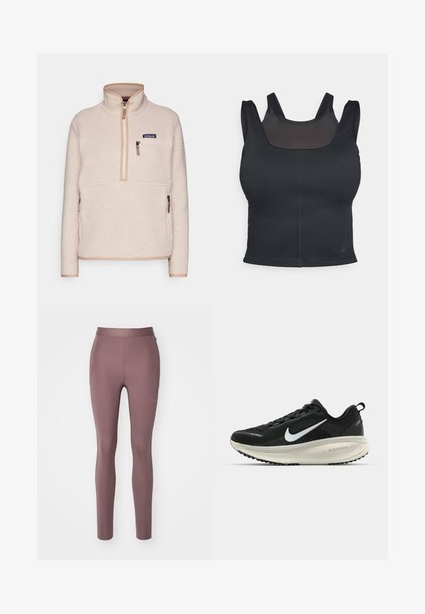 Patagonia RETRO beżowy; Czarny biustonosz sportowy o dopasowanym kroju, z szerokimi ramiączkami i siateczkowym wykończeniem z przodu. Gładka tekstura i minimalne szwy. Logo Nike na dolnym brzegu.; HOKA - Legginsy do biegania; Czarna biegowa półbut z oddychającej siateczki, białym logo swoosh, teksturowanymi detalami oraz kremową podeszwą środkową ZoomX.