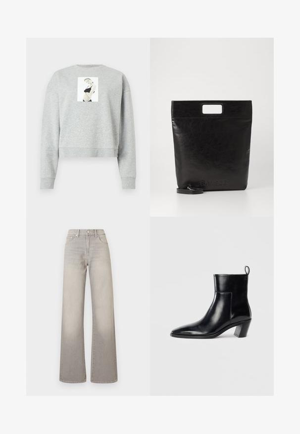 Gray cropped sweatshirt made of soft fabric, featuring a front photographic print centered on the chest. Ribbed cuffs and neckline.; Gray wide-leg jeans with a faded finish, button closure, five-pocket design, and stitched detailing along the seams.; Black leather ankle boot with a pointed toe, a geometric stacked heel, and a pull tab at the back. Smooth texture and sleek design.; Black leather tote bag with a square handle, featuring a textured finish and embossed logo. Includes a detachable strap.