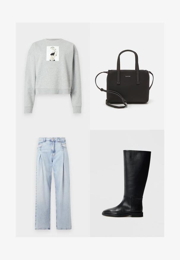 Szara, krótka bluza z miękkiego materiału, z centralnym zdjęciem na froncie, umieszczonym na klatce piersiowej. Ściągacze przy mankietach i dekolcie.; Jasnoniebieskie dżinsy z wysokim stanem, szerokimi nogawkami, dwoma bocznymi kieszeniami oraz plisowanym wzorem. Miękka tekstura z wyblakłym wykończeniem.; Czarne skórzane kozaki za kolano z zaokrąglonym noskiem, gładką teksturą, minimalistycznym designem i płaską podeszwą. Proste detale szwów na cholewie.; Czarna torebka z dwoma krótkimi uchwytami i odpinanym paskiem na ramię. Gładki materiał przypominający skórę, z zamkiem błyskawicznym i detalem z logo.