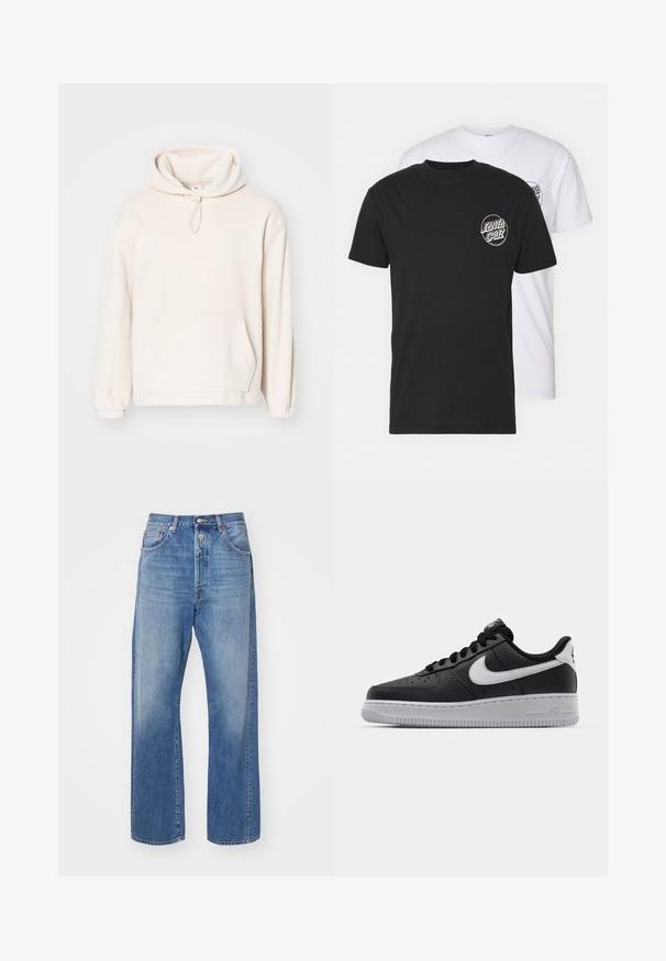 Light beige hoodie, made of soft fleece material. Features a drawstring hood, front pocket, ribbed cuffs, and minimal logo detail.; Pack of two t-shirts: one black, one white. Both feature short sleeves and a circular logo on the chest in contrasting color. Cotton material.; Light blue denim jeans with a straight-leg cut, featuring a button fly, five pockets, and subtle fading on the fabric.; Black leather sneaker with textured surface, white Nike swoosh, gray sole, round toe, and lace-up design. Features perforations on toe box.