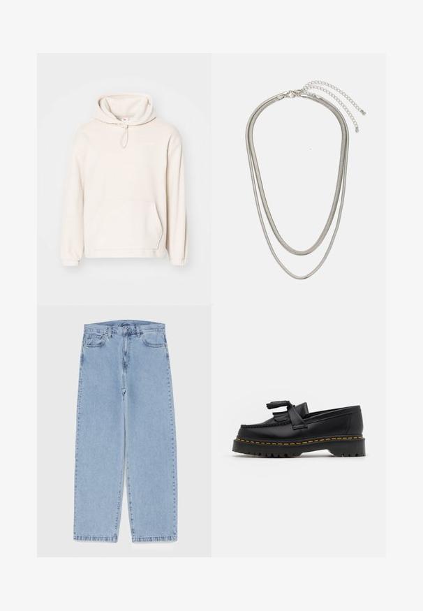 Felpa capuccio beige chiaro, realizzata in morbido materiale felpato. Presenta un cappuccio con cordoncino, tasca frontale, polsini a coste e un piccolo logo. ; Jeans in denim azzurro chiaro con design a gamba dritta, caratterizzati da una vita media, cinque tasche e chiusura con bottone e zip.; Mocassino in pelle nera con un'accento a frange, dotato di una suola nera spessa e cuciture gialle lungo il bordo. Finitura testurizzata.; Collana in metallo argentato a tre strati caratterizzata da catene sottili e flessibili con una leggera lucentezza, fissata con un gancio a molla e una catena regolabile.