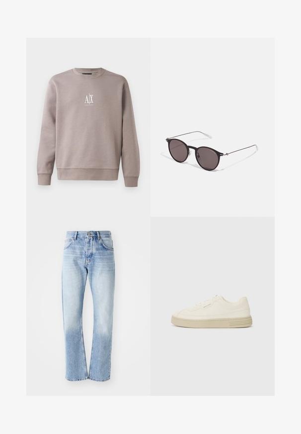 Šedá mikina vyrobená z měkké tkaniny, s kulatým výstřihem, dlouhými rukávy a malým bílým logem na hrudi.; Světle modré riflové džíny se střihem rovné nohavice. Mají pět kapes, knoflíkový zip a vybledlý vzhled směrem k dolní části.; Bílé plátěné tenisky s texturovanou gumovou podrážkou, se šitým špičkovým krytem a logem na patě. Jednoduchý design na šněrování.; Černé kulaté sluneční brýle s tmavými skly a tenkými kovovými nohami. Obsahují průhledné koncovky nožiček a stříbrné akcenty na pantu. Minimalistický design.