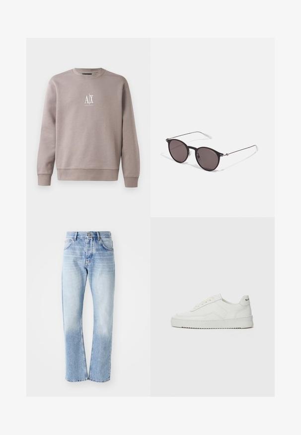 Sweatshirt cinza feito de um tecido suave, apresentando um decote redondo, mangas longas e um pequeno logótipo branco no peito.; Calças de ganga azul claro com corte de perna reta. Apresenta um design de cinco bolsos, fecho de botão e uma textura desbotada na parte inferior.; Sapatilha de couro branco com acabamento suave, bico redondo, atacadores planos e uma sola texturizada. Apresenta um logotipo discreto no calcanhar.; Óculos de sol redondos pretos com lentes escuras e hastes metálicas finas. Inclui pontas de templo transparentes e detalhes em prata na dobradiça. Design minimalista.