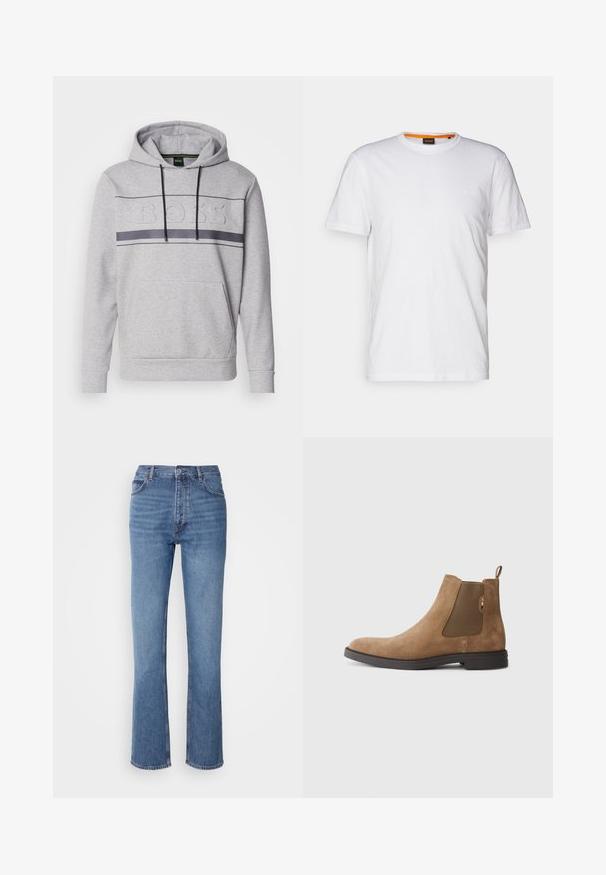 Hanorac gri cu buzunar tip cangur, manșoane cu model de tip ribi și un logo embosat pe piept; are șnururi negre și detalii cu dungi orizontale.; Tricou alb din bumbac, cu guler rotund, mâneci scurte și un logo subtil embosat pe piept. Eticheta interioară are un accent portocaliu.; Jeans din denim albastru cu talie înaltă, design cu picior drept și decolorare subtilă. Prezintă un stil clasic cu cinci buzunare și închidere prin fermoar.; Boots Chelsea din suede maro, cu panouri elastice pe lateral și o bucată de prindere. Prezintă un vârf rotunjit și o talpă plată din cauciuc pentru stabilitate.
