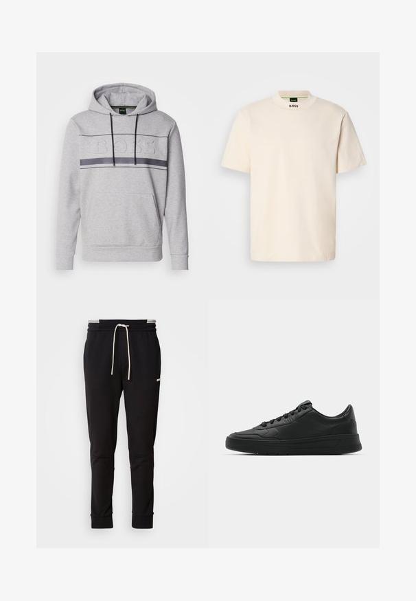 Grauer Hoodie mit einer Kängurutasche, gerippten Bündchen und einem geprägten Logo auf der Brust; verfügt über schwarze Kordeln und ein horizontales Streifendesign.; Cremfarbener Kurzarm-T-Shirt mit hohem Kragen, auf dem die Aufschrift "BOSS" in Schwarz auf der Vorderseite des Halsausschnitts und im Etikett innen gedruckt ist.; Schwarzere Slim-Fit-Jogginghose mit weißem Kordelzug, gerippten Bündchen und subtilen Logo am Oberschenkel auf einem schlichten Hintergrund.; Schwarze Sneaker mit glattem Lederobermaterial, runder Zehenpartie, flachen Schnürsenkeln, gepolstertem Kragen und minimalistischem Design. Gummisohle mit subtiler Profilierung.