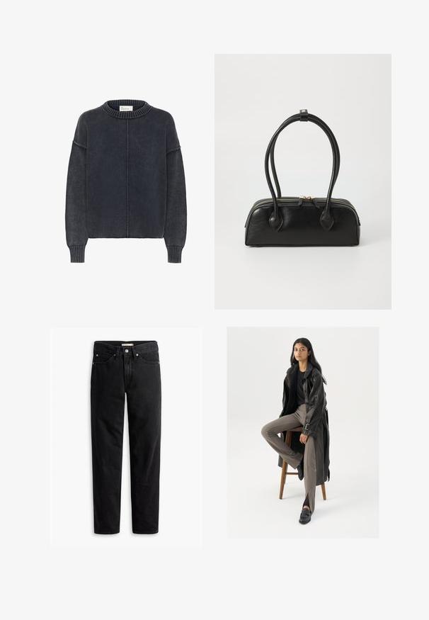 Donkergrijze, gestructureerde trui met een ronde hals en lange mouwen, voorzien van een centrale naad aan de voorkant. Klassieke, casual stijl.; Zwarte straight-leg jeans met knoop- en ritssluiting, riemlussen en voor- en achterzakken, plat gelegd op een witte achtergrond.; Zwarte leren trenchcoat met knopen en riemdetails, gecombineerd met lichtbruine getailleerde broek en zwarte loafers, zittend op een houten kruk.; Zwarte leren handtas met twee verlengde handvatten, ritsluiting en ronde vorm; gladde textuur met subtiele glanzende afwerking.