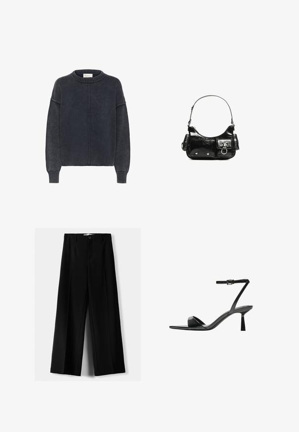 Sötétszürke, textúrált pulóver kerek nyakkivágással és hosszú ujjakkal, középen varrással az elején. Klasszikus, laza stílus.; Fekete, bő szárú nadrág, könnyű anyagból, elöl gombos záródással és sima elfröccsenésű fazonnal, szépen varrott szegélyekkel.; Bershka Magas sarkú szandálok - black; Fekete lakkbőr kézitáska ívelt formával, egy vállpánttal, elülső zsebekkel és ezüstszínű fémrészletekkel.