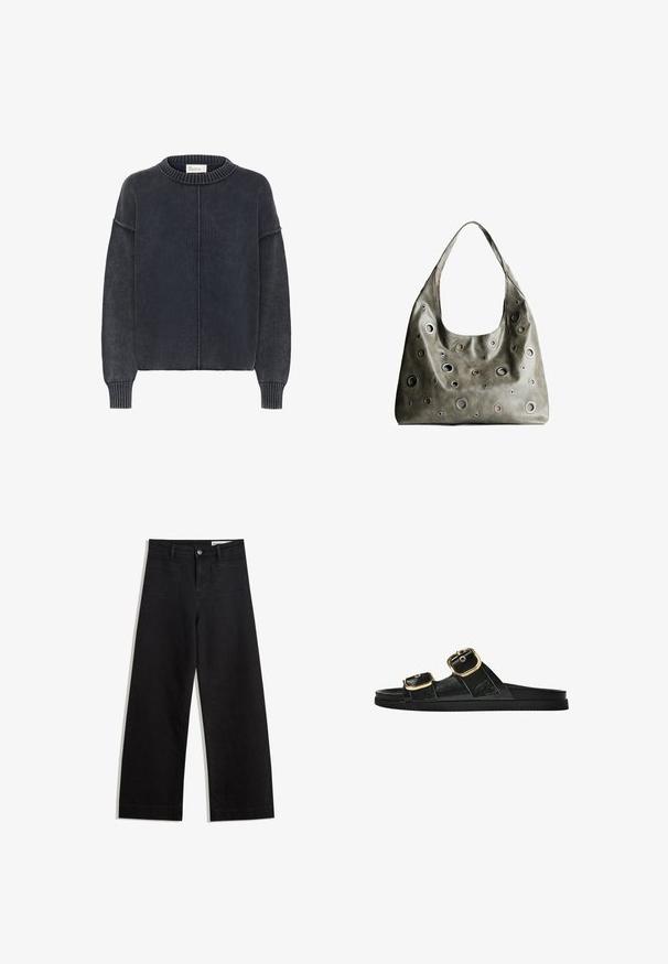 Dark gray, textured sweater with a round neckline and long sleeves, featuring a central seam down the front. Classic, casual style.; Black wide-leg denim pants with a high waist, featuring front and back pockets, stitched seams, and a button closure. Smooth texture.; Black slide sandal with two gold buckle accents, smooth textured material, flat sole, and a minimalist design.; Olive green leather handbag with a slouchy design, featuring various sized circular cutouts and accents in darker and lighter shades.