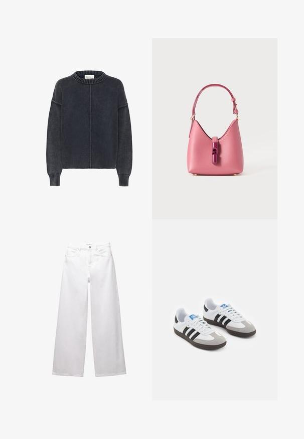 Maglione grigio scuro, con texture, dal colletto rotondo e maniche lunghe, con una cucitura centrale sul davanti. Stile classico e informale.; Jeans bianchi a gamba larga realizzati in denim. Presentano chiusura con bottone, tasche anteriori e posteriori, e cuciture rinforzate. Tessuto liscio con dettagli minimi.; Scarpe sportive con tomaia in pelle bianca, punta in suede grigia e tre strisce nere. Presentano un logo blu sulla linguetta e una suola in gomma testurizzata.; Borsa in pelle rosa con una forma strutturata, caratterizzata da una chiusura lucida e una sola tracolla regolabile. Finitura texturizzata con hardware dorato.