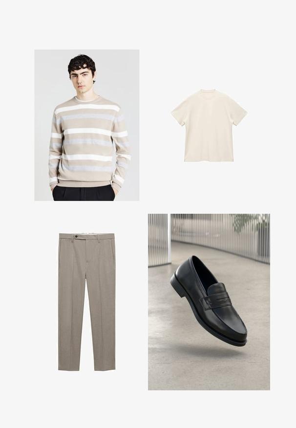 Men's striped sweater in beige, gray, and white. Soft texture, round neckline, and ribbed cuffs. Horizontal stripes vary in width.; Short-sleeve, crew-neck t-shirt in soft, off-white fabric, featuring a smooth texture and side slits for a relaxed fit.; Beige tailored trousers with a smooth texture, straight fit, and a single front button closure. Features side pockets and a clean hem.; Black leather loafer with smooth texture, pointed toe, and a decorative strap across the instep. Lightweight sole, minimal design.