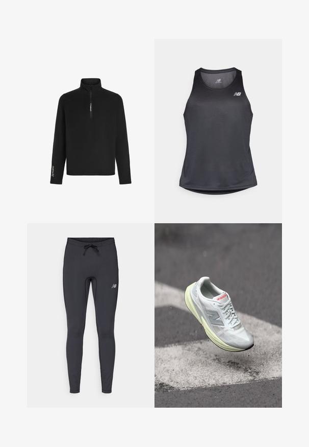 Zwarte fleece pullover met een kwart-rits kraag, lange mouwen en een Polartec-logo op de linkermouw voor isolatie en comfort.; Zwart sportief tanktop gemaakt van vochtregulerende stof, met een ronde halslijn en subtiele geribbelde textuur, voorzien van een wit logo op de borst.; Zwarte sportleggings gemaakt van rekbaar materiaal. Voorzien van een trekkoord in de taille en een klein reflecterend logo op de rechterdij.; Lichte hardloopschoen met een witte mesh bovenkant, gele tussenzool en grijze accenten. Kenmerkt zich door een opvallend 'N' logo en een textuur oppervlak.