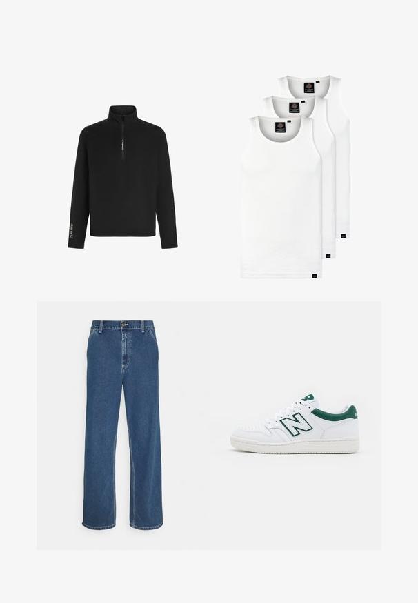 Mustmustekas must pullover on neljanda lukuga krae, pikad varrukad ja Polartec logo vasakul varrukal, et pakkuda soojust ja mugavust.; Kolm valget ribaga t-särki, mis on valmistatud puuvillast. Omavad ümmargust kaelanõhku ja väikseid musti silte hemme lähedal. Saadaval erinevates suurustes.; Sinine teksapüksid sirge lõike, viie tasku disaini, metallnõela sulgemise ja nähtava nõelumisega õmbluste ja servade ääres.; Valged spordijalatsid roheliste aktsentidega, nahast ülemine osa, aukudega varvas, paelaga sulgemine ja tekstuuriga kummist välistald. Silmapaistev "N" logo.