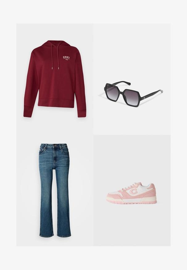 GANT SMALL GRAPHIC HOODIE - Collegepaita - plumped red; Korkeavyötäröiset siniset farkut, jotka on valmistettu denimistä, ja joissa on suora lahje, hienovarainen haalistuminen sekä tavallinen nappi- ja vetoketjusuljenta.; Tennarit, joissa on yhdistelmä vaaleanpunaista kiiltonahkaa ja valkoista nahkaa, pyöreällä varpaalla, nauhakiinnityksellä ja teksturoidulla kumipohjalla.; Mustat kuusikulmaiset aurinkolasit, joissa on gradient-linssit, kiiltävä pinta ja hienovarainen brändäys sankassa. Kestävä muovinen rakenne.