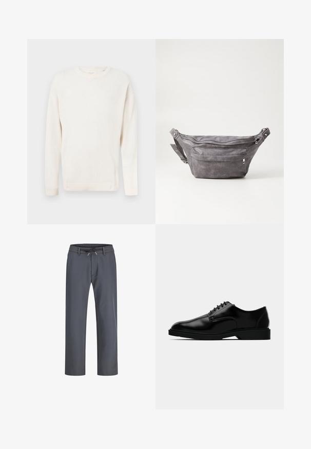 Bijela, teksturirana pletena dolčevita s dugim rukavima i okruglim izrezom. Rebrasti rukavi i donji rub s suptilnim uzorkom mreže kroz cijelu površinu.; Sive, hlače s elastičnim pojasom i vezicom. Imaju ravne nogavice, izrađene su od glatkog materijala, s minimalnim šavovima i bez vidljivih metalnih dijelova.; Crne kožne cipele s glatkom površinom, zaobljenim vrhom, vezanjem i suptilnom gumom potplatom za prianjanje.; Siva zamšasta torbica preko struka sa zaobljenim oblikom, dva zip zatvorena odjeljka i podesivim remenom. Sadrži metalne naglaske.