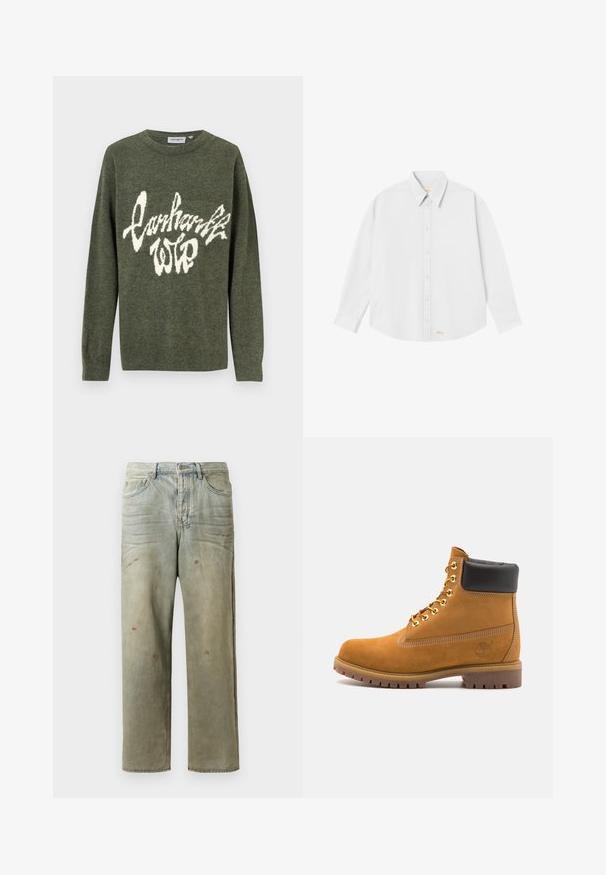 Žalia oliemiedro spalvos megztinis, pagamintas iš trikotažo, su balta pūkuota teksto logotipu stilingu šriftu per priekį, apvaliu kaklu ir ilgomis rankovėmis.; Balta marškinėliai su apykakle, ilgomis rankovėmis ir suapvalintu apačiu; priekinėje dalyje apatiniame kairiajame kampe pažymėtas mažas oranžinis logotipas.; Šviesiai žaliai nuvarytos džinsinės kelnes, su tiesiomis kojomis, penkių kišenių dizainu, nelygiai blukščiantis ir su dažų lašeliais.; Tan spalvą turintys suknelės batus iki kulkšnies su juodu paminkštintu apvadu, auksiniais metaliniais akių užsegimais, baltais siūlų dekoratyviniais elementais ir tvirtu guminiu padu su ryškiai išreikštais raštais.