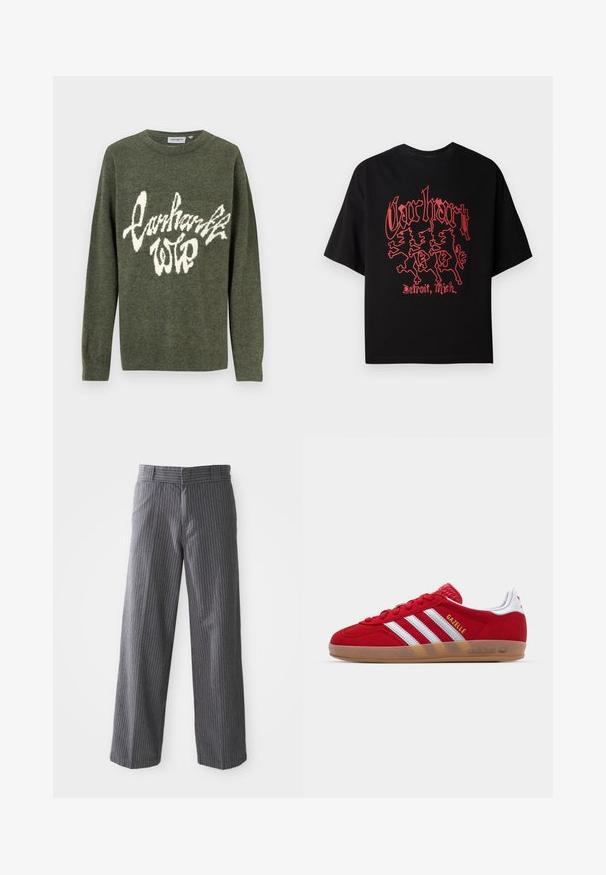 Olivzöld pulóver kötött anyagból, fehér bolyhos szöveglogóval, stílusos betűtípussal az elején, kerek nyakrésszel és hosszú ujjal.; Fekete, rövid ujjú pamut póló, merész piros grafikával, amely három oroszlánt ábrázol, és a "Carhartt, Detroit, Mich." szöveget tartalmazza.; Szürke csíkos, bő szárú nadrág övhurkokkal, lapos elülső résszel és egyenes szegéllyel, fehér háttér előtt bemutatva.; Piros velúr sneaker fehér háromcsíkos dizájnnal és arany "Gazelle" felirattal. Gumi talppal és texturált sarokkal rendelkezik.