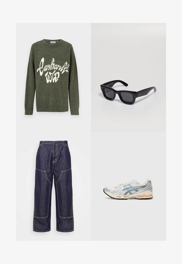 Oliwkowy sweter z dzianiny, z białym puszystym logo tekstowym w stylizowanej czcionce na przodzie, okrągłym dekoltem i długimi rękawami.; Carhartt WIP NASH PANT SMITH - Jeansy Relaxed Fit; Buty do biegania z lekką siateczkową cholewką w srebrno-niebieskich akcentach, z beżową wyściółką amortyzującą oraz trwałą czarną gumową podeszwą.; Czarne okulary przeciwsłoneczne o błyszczącym wykończeniu, prostokątnej oprawie, ciemnych soczewkach i złotych akcentach logo na zausznikach. Dwie złote kropki na każdym przednim rogu.