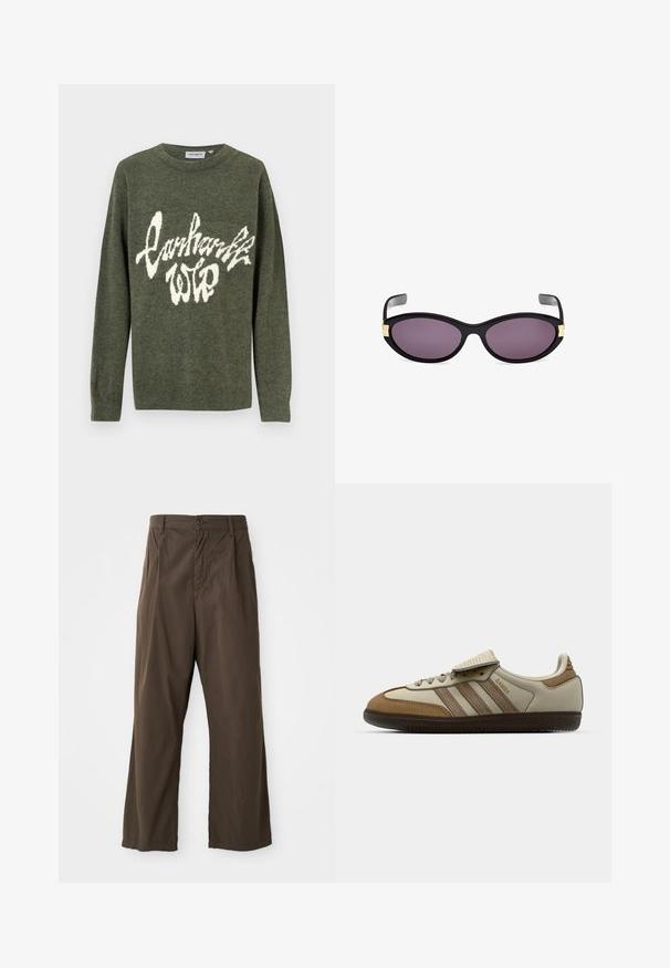 Olijfgroene trui van gebreide stof, met een wit flonkerend tekstlogo in een gestileerd lettertype over de voorkant, ronde hals en lange mouwen.; Bruine, wijde broek van katoen met een knoopsluiting aan de voorkant, ceintuurlussen en een gladde, matte textuur.; Bruine en crèmekleurige sportschoen met drie beige strepen, gemaakt van suede en leer, vetersluiting ontwerp en rubberen zool. Tekstlogo aan de zijkant.; Zwarte cat-eye zonnebril met paarse lenzen. Kenmerkt gouden accenten bij de slapen. Glad kunststof frame met een glanzende afwerking.