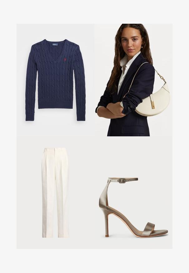 Suéter azul-marinho de malha trançada em V com punhos e bainha canelados. Apresenta um pequeno logótipo vermelho no lado esquerdo do peito. Textura em malha por toda a peça.; Polo Ralph Lauren HEMP WIDE LEG PANT - Calças - nevis; Sandal com salto alto em cetim prateado, com uma faixa no tornozelo e um fivela decorativa. Ponta aberta e design elegante e esguio.; Bolsa de mão de couro branco com forma curva, material dourado e acabamento texturizado, usada sobre um blazer escuro e uma camisa branca.