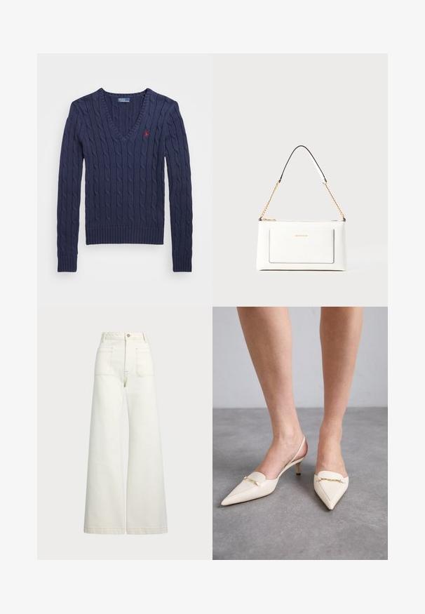 Dunkelblaues V-Ausschnitt-Kabelstrickpullover mit gerippten Bündchen und Saum. Mit einem kleinen roten Logo auf der linken Brust. Strickstruktur im gesamten Pullover.; Weite Jeans aus off-white Denim. Hoch tailliertes Design mit Knopfverschluss, zwei Fronttaschen und kontrastierenden Stickdetails.; Cremefarbene Slingback-High Heels mit spitzer Zehenpartie und schlankem mittelhohem Absatz, ausgestattet mit einem goldenen Kettenakzent auf dem Vorderblatt und aus glattem Leder.; Weißes Lederhandtasche mit strukturierter Oberfläche, ausgestattet mit einem goldenen Kettenriemen und schwarzen Akzenten. Enthält eine Fronttasche und einen Reißverschluss.