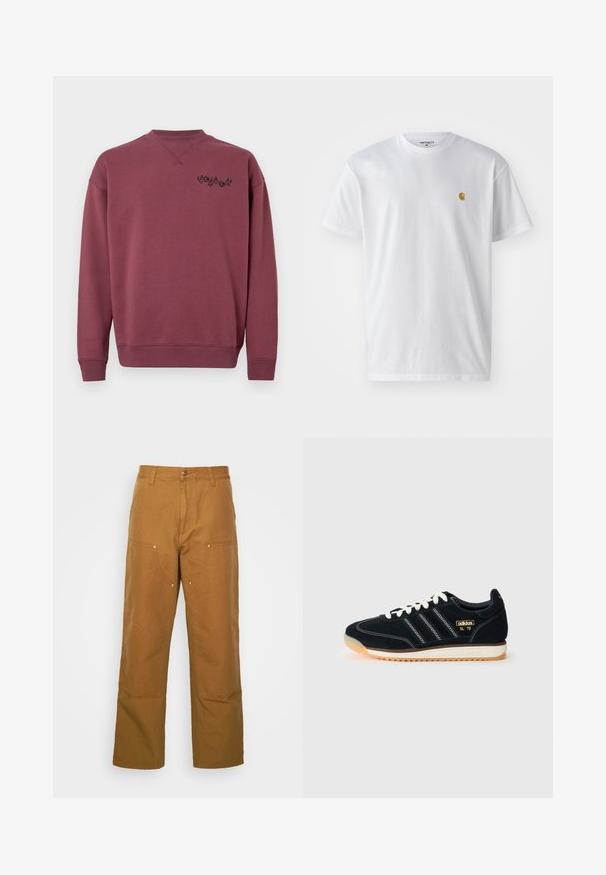 Maroon cotton sweatshirt with a crew neckline and ribbed cuffs. Features a black logo printed on the left chest. Smooth texture.; White cotton t-shirt with short sleeves, crew neck, featuring a small gold logo on the left chest area. Soft texture and regular fit.; Brown cotton utility pants with a straight leg design, featuring front pockets and metal hardware accents for added durability.; Black suede sneaker with white laces, three white stripes on the side, textured accents, and a rubber sole featuring a slight orange tint.