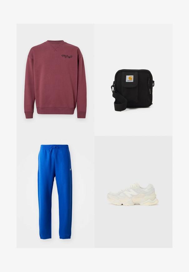 Rūsganu kokvilnas sporta krekls ar apaļu kakla izgriezumu un ribotiem piedurkņu galiem. Iekļauts melns logotips, kas izdrukāts kreisajā krūtī. Gluda tekstūra.; Zilas sporta bikses, kas izgatavotas no mīkstas auduma, ar elastīgu jostasvietu un aukliņu, sašaurinātām kājām un nelielu logotipa detaļu sānos.; Vieglas sporta apavus ar sieta un zamšādas augšdaļu maigos krēma tonī, ar masīvu zoli un trīsdimensionāliem akcentiem.; Melna plecu soma ar rāvējslēdzēja galveno nodalījumu, priekšējo kabatu, regulējamu siksnu un redzamu logotipa tagu uz vāka.