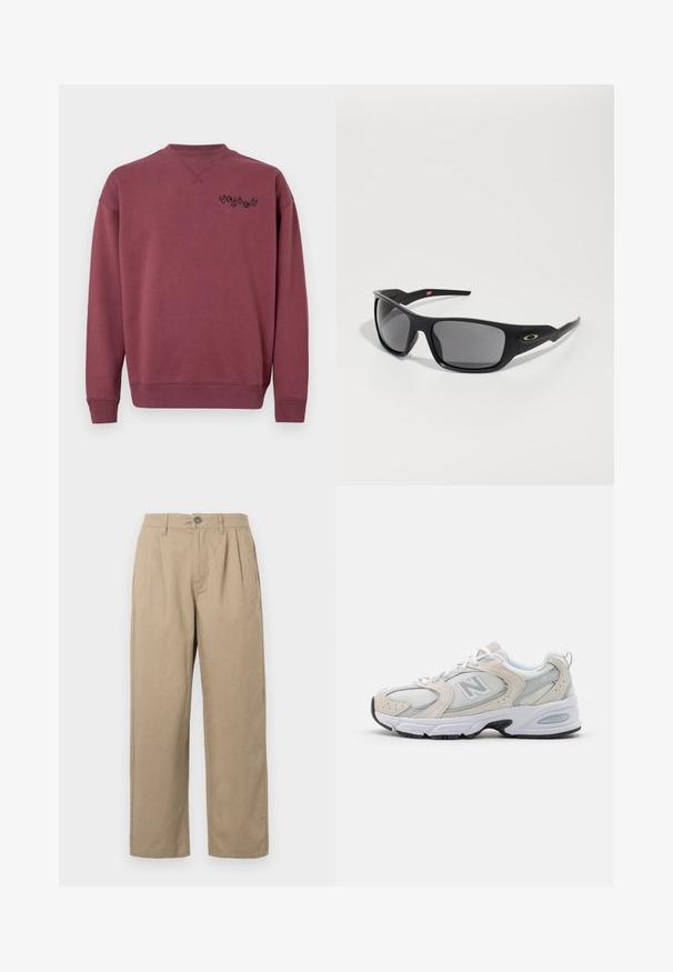 Sudadera de algodón color marrón con cuello redondo y puños acanalados. Presenta un logo negro impreso en el lado izquierdo del pecho. Textura suave.; Pantalones de tiro alto beige con pliegues, presillas para el cinturón, cierre de botón y piernas rectas sobre un fondo blanco.; Zapatilla deportiva con parte superior de malla gris claro y acentos de ante, cordones blancos y suela de goma negra. Detalle notable de amortiguación ABZORB.; Gafas de sol negras con forma rectangular, fabricadas en plástico duradero, con lentes ahumados grises y un acento dorado en el lateral.