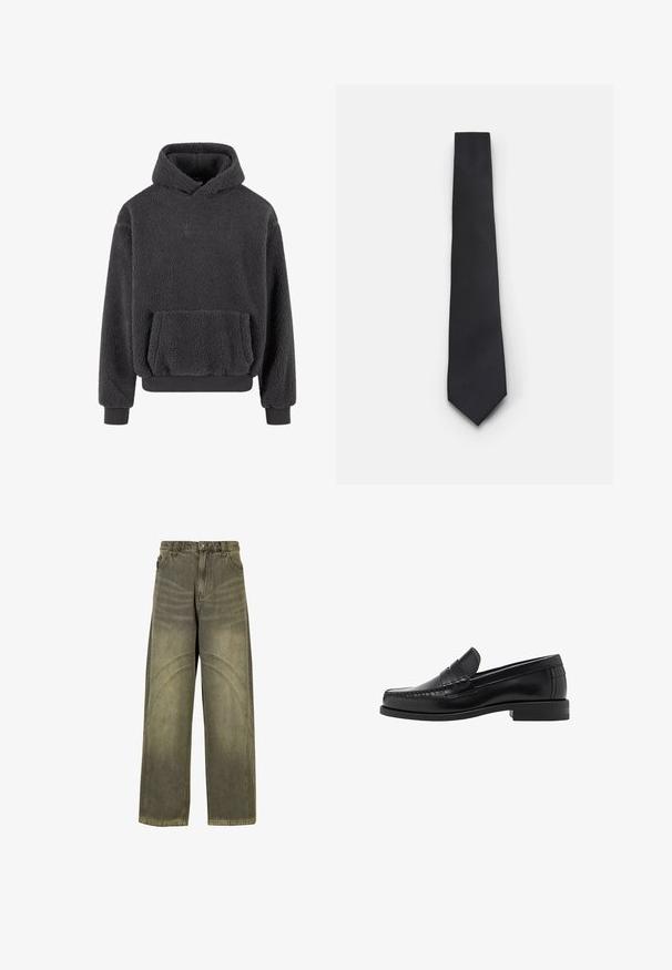 Mikina s kapucí z fleece v tmavě šedé barvě s texturovaným povrchem, klokaní kapsou a žebrovanými manžetami a lemem. Obsahuje malé logo na hrudi.; Bílá košile s dlouhým rukávem vyrobená z hladké tkaniny, s klasickým límečkem a designem na knoflíky s zakřiveným lemem. Knoflíky mají jemně lesklý povrch.; Široké džíny v olivově zeleném denimu, s zakřivenými švy, klasickým zapínáním na knoflík a vybledlým vzhledem.; Černé kožené mokasíny s hladkým povrchem, prošíváním na špičce a nízkým podpatkem pro komfort a styl.; Úzká černá kravata s texturovaným, diagonálním žebrováním. Má špičatý konec a hladký povrch. Vhodná pro formální nošení.