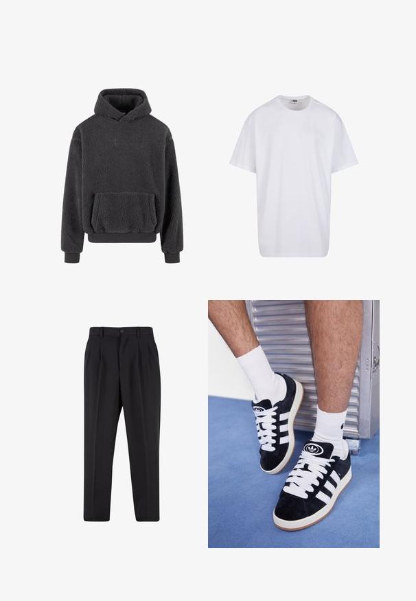 Pārsēts pelēks džemperis ar kapuci, ar teksturētu virsmu, kangaroo kabatu un ribinātām piedurknēm un apakšu. Piedāvā nelielu logotipu uz krūšu daļas.; Balta kokvilnas T-kreklu ar īsām piedurknēm, apaļu kakla izgriezumu, brīvu piegriezumu un bez redzamām logo vai rakstiem. Gluda tekstūra un minimālistisks dizains.; Melni brīvie bikses ar krokotu priekšpusi, izgatavotas no gludas auduma. Iespējama poga aizdare un jostas cilpas; taisnu kāju forma.; Melni zamšaini sporta apavi ar baltiem šņorēm un trim baltām svītrām. Iekļauj arī apaļu melnu logotipu uz mēles un gumijas zoli.