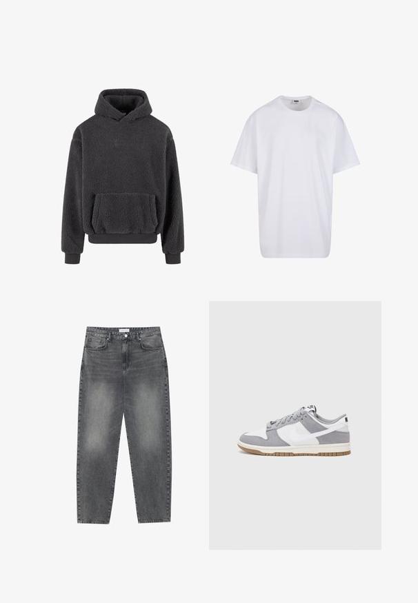 Fleece hoodie in donkergrijs met een gestructureerd oppervlak, een kangaroozak en ribgebreide cuffs en zoom. Heeft een klein logo op de borst.; Witte katoenen t-shirt met korte mouwen, ronde hals, relaxte pasvorm en zonder zichtbare logo's of patronen. Gladde textuur en minimalistisch ontwerp.; Hoge taille, losvallende jeans van vervaagd zwart denim. Beschikt over vijf zakken, riemlussen en een schone, rechte broekspijp ontwerp.; Grijze en witte sneaker met een bovenwerk van suede en leer, ronde neus, platte veters en een rubberen zool met een gumaccent.