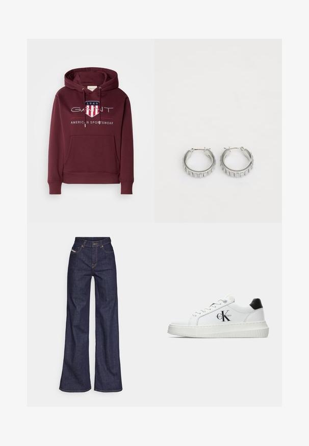Bordová mikina vyrobená z mäkkej tkaniny, s predným vreckom, šnúrkami a logom v tvare štítu s textom "1949" na hrudi.; Tmavomodré široké džínsy z denimu s vysokým pásom, zdobené oranžovým šitím, päť vreckovým dizajnom a zapínaním na gombík.; Biele nízke tenisky s čiernym pätkovým dielom, platformovou podrážkou, šnúrkami a logom "CK" značky Calvin Klein na boku.; Strieborné kruhové náušnice s textúrovaným dizajnom, ktorý obsahuje vertikálne ryhy. Obdĺžnikový tvar so zabezpečovacím uzáverom. Hladký povrch.