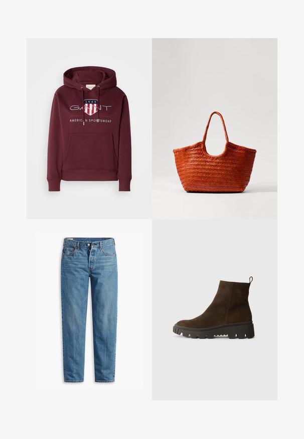 Bordo kapuutsärk pehmest kangast, millel on ees tasku, nöörid ja logo kilbi kujutisega ning "1949" tekstiga rinna peal.; Sinine denimist valmistatud sirge lõikega teksad, millel on lukuga kokku tõmbamine, kaks esimest taskut ja peene värvimisega niiskus kogu kangast.; Pruun nahast pahkluu saabas, millel on tugev must kummitald, kerge konts ja tagumine tõmbetöödeldud osa, mis muudab selga panemise lihtsamaks.; DRAGON DIFFUSION NANTUCKET BASKET BIG - Käekott - naranja