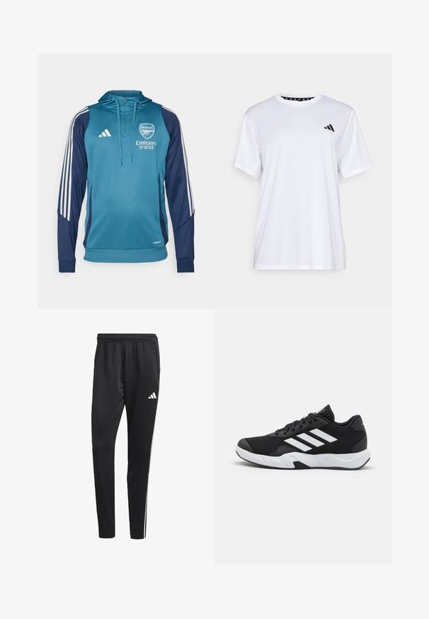 Hanorac cu glugă de culoare teal și bleumarin, cu dungi albe Adidas, logo și textul "Emirates Fly Better". Fabrică moale, croi athletic și fermoar.; Tricou sportiv alb cu mâneci scurte, fabricat dintr-un material care elimina umezeala. Are un logo negru pe pieptul stâng și o guler interiory cu un design patterned.; Pantaloni sport negru cu un brâu elastic, dungi albe pe lateral și un mic logo alb pe coapsă. Realizați dintr-un material neted și ușor.; Pantofi sport negri cu un material din plasă texturată, benzi albe de accent, o talpă cushioned și un călcâi întărit pentru suport.
