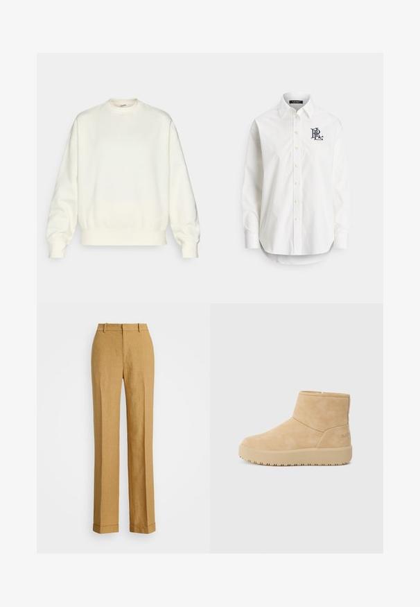 Cream-colored sweatshirt made of soft fabric. Features a round neckline, dropped shoulders, and ribbed cuffs and hem. Simple design without patterns.; White button-up shirt in cotton with long sleeves, pointed collar, and a navy logo embroidered on the left chest. Rounded hem at the bottom.; Polo Ralph Lauren YARD LINEN FULL FLAT FRONT - Trousers - sand dune; Beige ankle boots made of soft suede with a textured finish, featuring a minimalist design and a chunky rubber sole for traction.