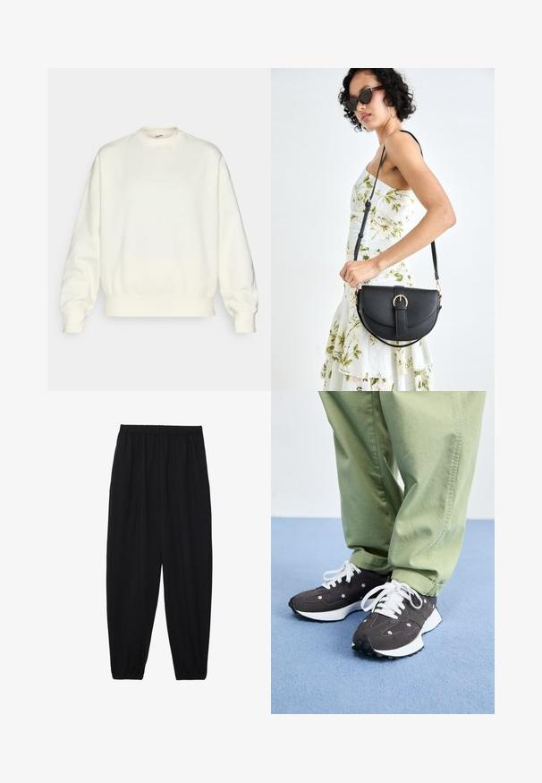Crème-kleurige sweatshirt gemaakt van zachte stof. Heeft een ronde halslijn, verlaagde schouders en ribbelboorden aan de mouwen en onderkant. Eenvoudig ontwerp zonder patronen.; Zwarte, lichte broek met een elastische tailleband en gathered enkels. De stof is glad en heeft een ontspannen, taps toelopend ontwerp.; Donkergrijze sneakers met witte veters en bloemaccenten, met een dikke witte zool en een textuur materiaal. Draag je met lichtgroene broek.; Zwarte leren handtas met een gebogen vorm, afneembare schouderband en gouden hardware. De tas heeft een klep met een gespsluiting.