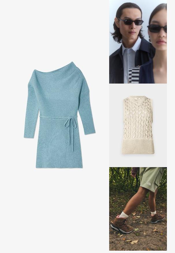 Ärmelloser Strickpullover in Creme mit einem offenen Design und geripptem Saum. Das Material hat eine strukturierten Oberfläche mit komplexen Mustern.; Strickkleid in Hellblau mit lockerem, schulterfreiem Ausschnitt, gerippter Textur, langen Ärmeln und einem Bindegürtel in der Taille.; Jack Wolfskin REFUGIO PRIME TEXAPORE MID W - Hikingschuh - fawn; Schwarze Sonnenbrillen mit eckigen Rahmen, getragen von einem Mann und einer Frau. Der Mann trägt ein blau-weiß gestreiftes Hemd unter einer dunklen Jacke; die Frau hat ein dunkles, gemustertes Oberteil an.; Weiße Lederhandtasche mit einem gerafften Design, ausgestattet mit einem goldenen Kettenriemen und einer runden Form. Glatte Textur mit sanften Falten und ohne Muster.; Goldfarbener Metallarmreif mit wellenförmigem Design, das glatte Oberflächen und eine glänzende, reflektierende Textur aufweist. Keine sichtbaren Muster oder Akzente.