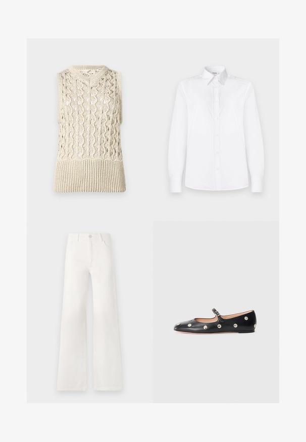 Pletený bezrukávový svetr v krémové barvě, s otevřeným vzorem a žebrovaným lemem. Materiál má textureální úpravu s složitými vzory.; Bílá košile s dlouhým rukávem vyrobená z hladké tkaniny, s klopovým límečkem a předním zapínáním na knoflíky v světle růžové barvě.; Bílé džíny s vysokým pasem a širokými nohavicemi vyrobené z denimové látky. Mají zapínání na knoflík, dvě přední kapsy a boční švy se švy.; Černé kožené baleríny typu Mary Jane s kulatou špičkou, zdobené stříbrnými kulatými nýty a nastavovacími popruhy se sponou.